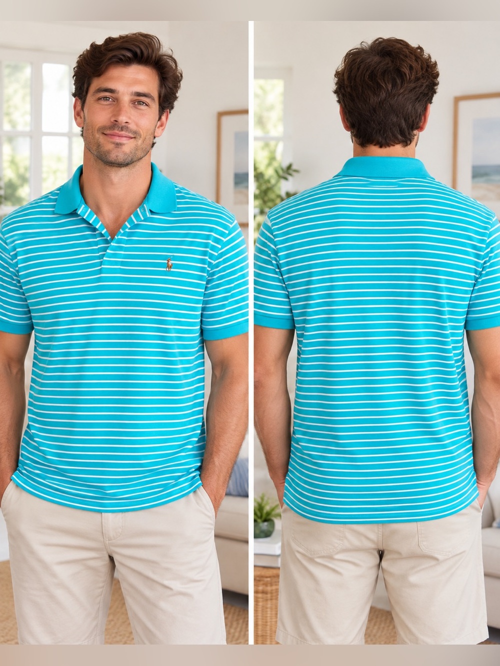 Polo Ralph Lauren Men’s L Pima Soft Touch Aqua Striped Pony Polo Shirt